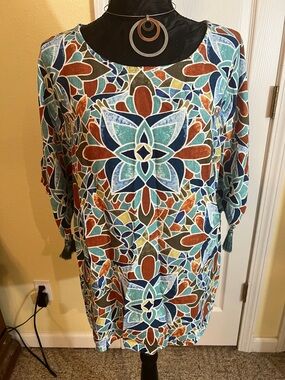 Printed Mosaic Tunic Top in Teal, Rust & Navy